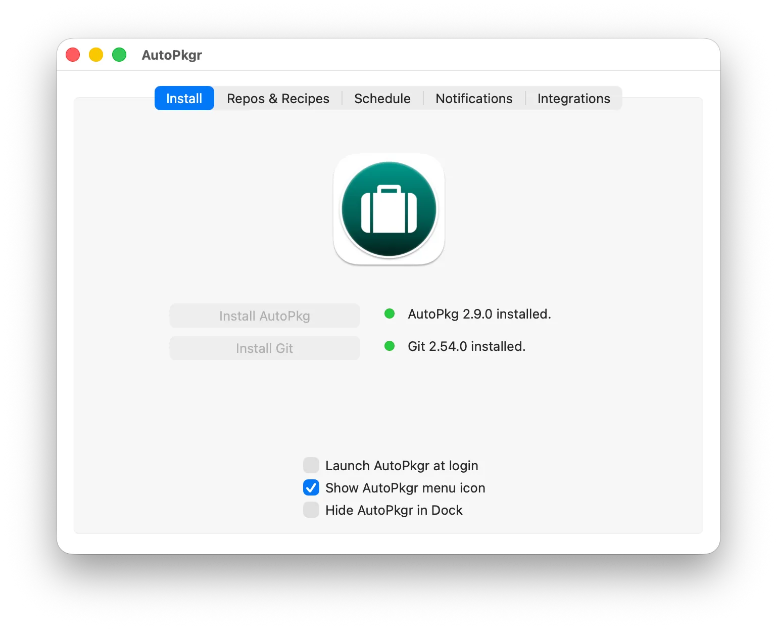 The AutoPkgr install tab, showing AutoPkg and Git installed, with tabs for repos and recipes, schedule, notifications and integrations